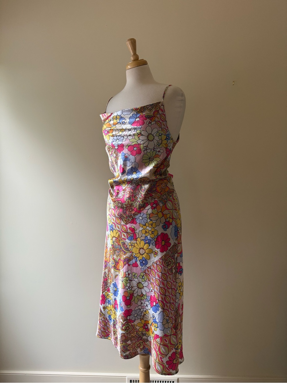 Emma & Michelle Y2K Psychedelic Floral Satin Midi Dress